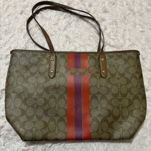 Coach Tan and Red Stripe Tote Bag